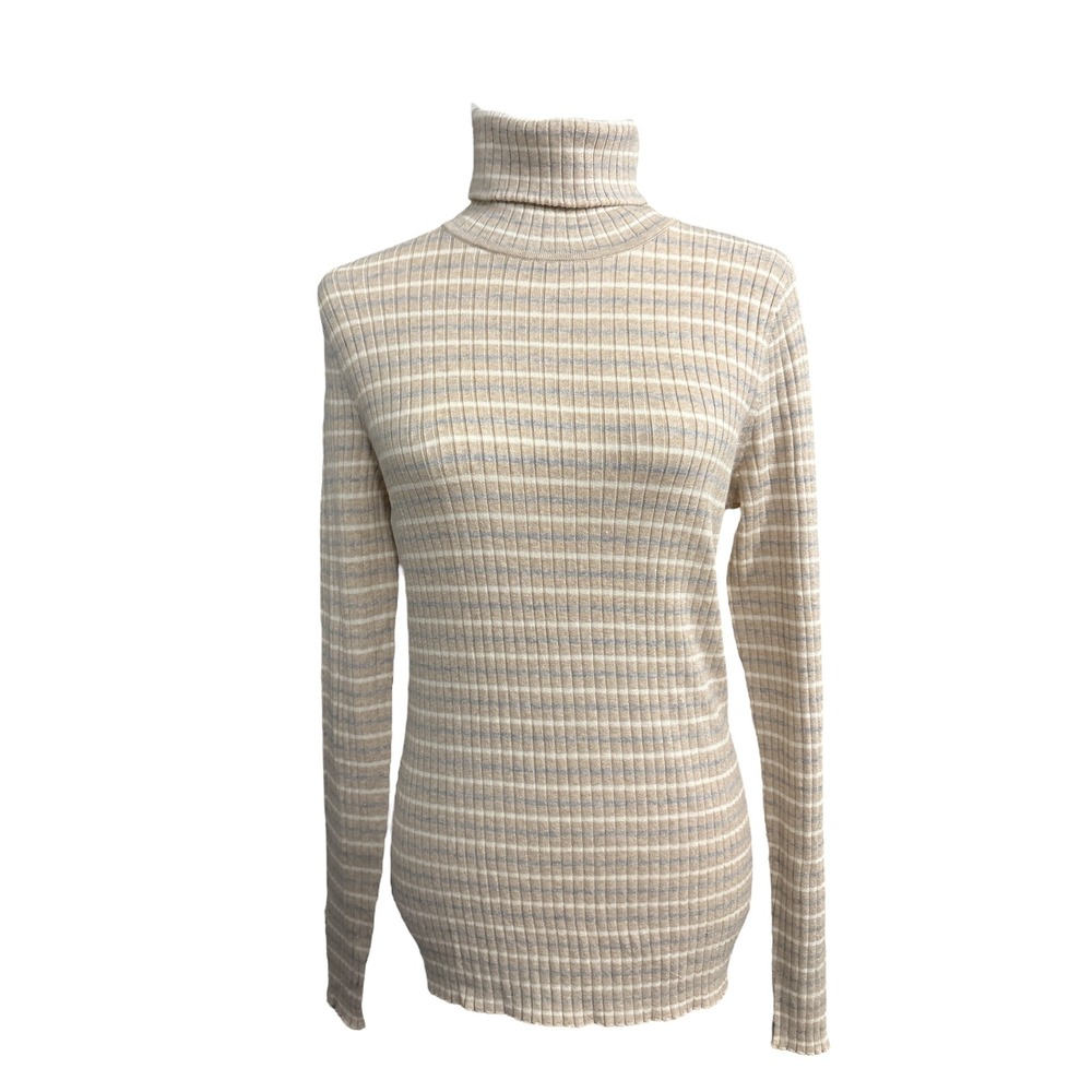 NEW J.McLaughlin‎ Turtleneck Sweater Ribbed Stripe Button Cuff Long Sleeve Sz L